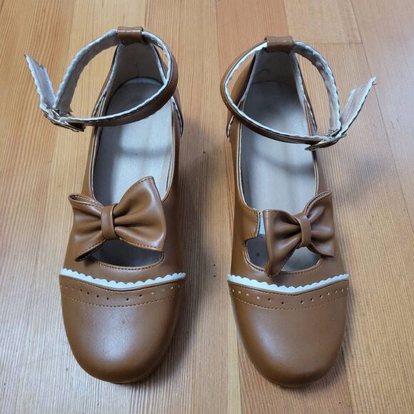 Gingerbread brown mary janes block heel bow detail white scalloped accent lolita - Picture 3 of 8
